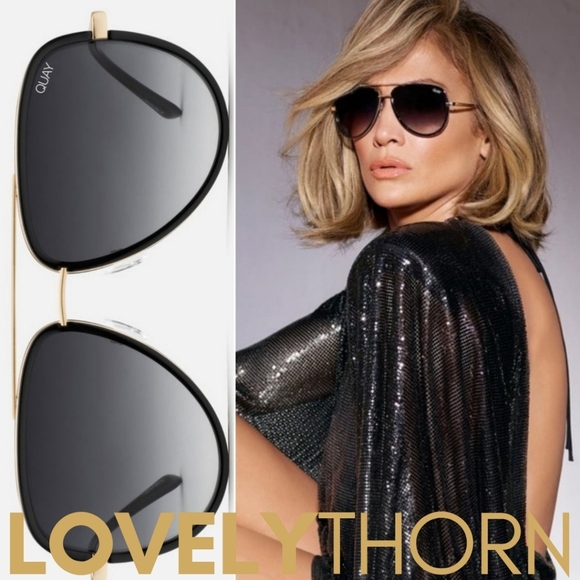 QUAY // ltd ed jlo collab black frame smoke fade lens gold hardware aviators - Picture 1 of 9